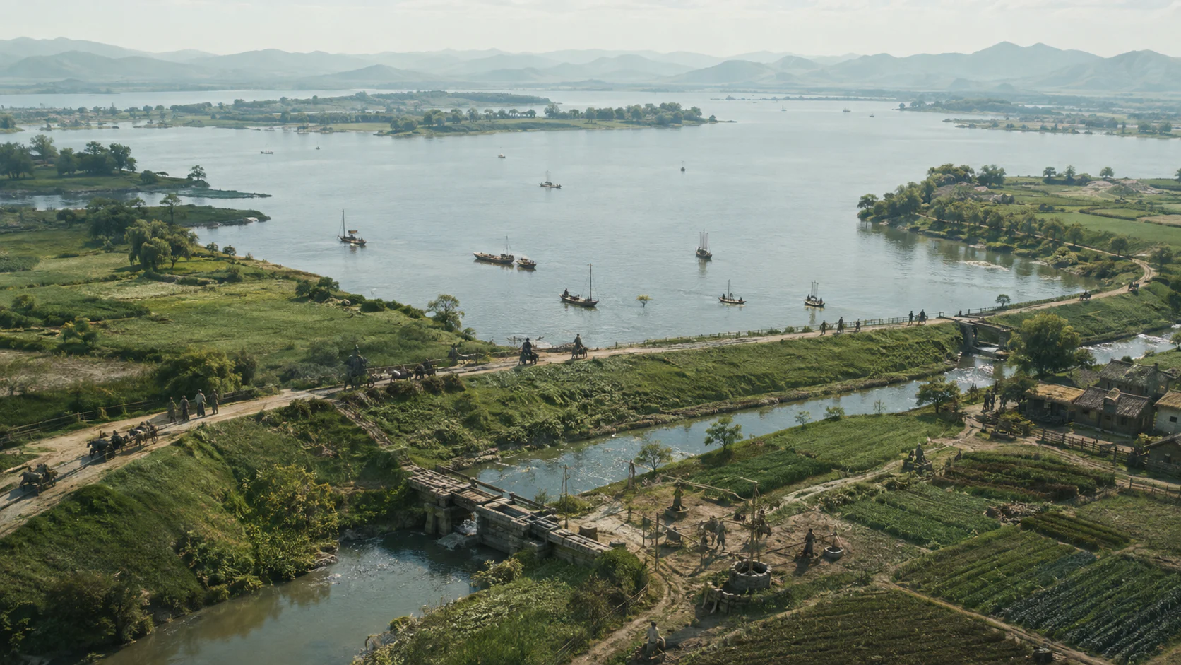 西湖水利形胜复原图:湖面、堤岸与灌溉田地相接的全景
