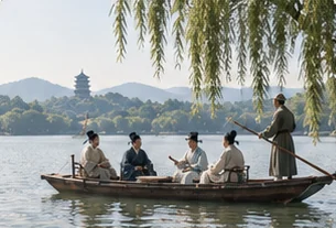 柳荫下的湖上泛舟场景（意境配图）