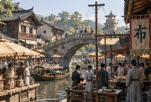 沿河街市与石桥间的往来行人（意境配图）