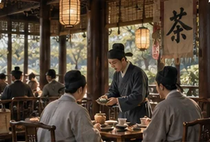 木构茶肆内的品茗与交谈场景（意境配图）