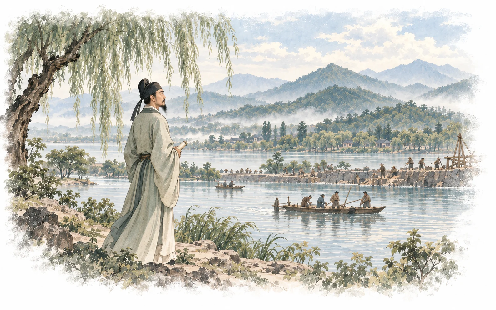 白居易在钱塘湖畔观察堤防与用水的写意场景