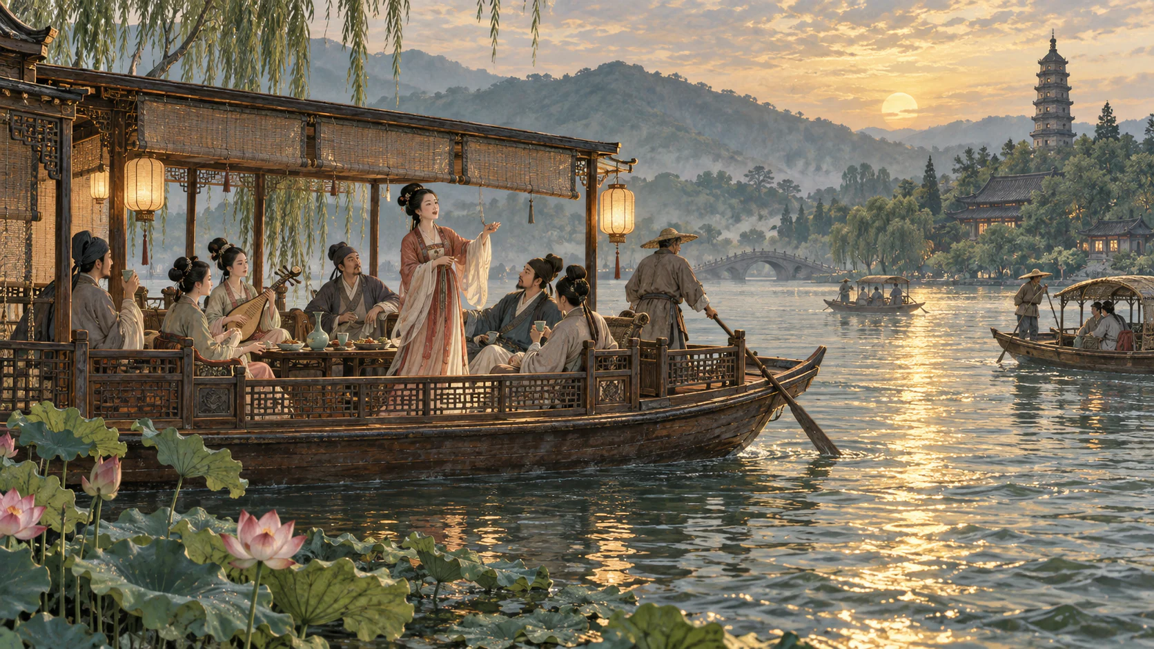 元代西湖竹枝词意境图·湖船歌酒:夕照湖面、画舫歌者与游人